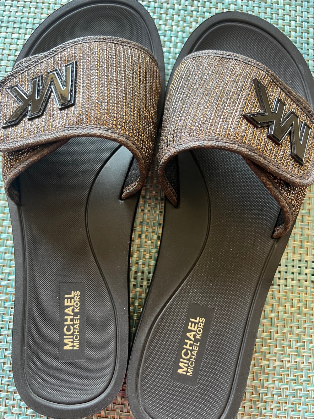 Michael Kors Black Footbed Slide Sandals with Bronze Metallic Straps